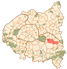 Carte de la petite couronne parisienne, avec le territoire de Champigny-sur-Marne en rouge.