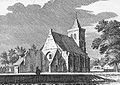 Kirche 1743 mit Ruine des Chors und Glockengeschoss des Turms