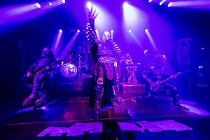 Lordi performing in 2022 (L–R): Hiisi, Mana, Mr Lordi, Hella and Kone
