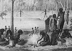 An illustration from the 1850s of indigenous Australians playing marn grook