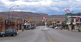 Looking south into downtown Dawson Creek, with the Mile "0" post.