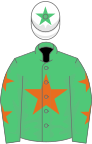 Emerald green, orange star, orange stars on sleeves, white cap, em green star