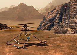 A robotic helicopter on the surface of Mars collecting samples.