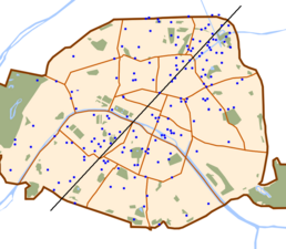 Plan de Paris, montrant les points d'impacts des obus tirés par les Grosse Bertha entre juin-août 1918