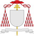 Galero gules with fifteen tassels per side, used by cardinals in place of a helmet (and patriarchal cross)