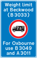 Location of weight restriction ahead with indication of an alternative route (may show a different restriction or that the restriction is gross weight rather than unladen weight)