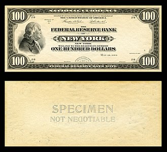 One-hundred-dollar large-size proof of the Federal Reserve Bank Notes, by the Bureau of Engraving and Printing