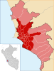 Map of the districts of Lima show both urban (darker red) and rural (lighter red) districts