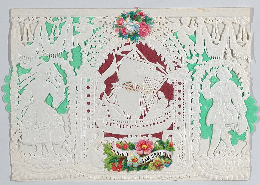 This gorgeous Valentine card from around 1860 has lacy, beautifully detailed, cut-and-embossed paper making it up. Unfortunately, it uses text speech ("U.R. kind"), so it's clearly going to kill the English language within 170 years or so.