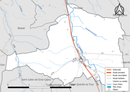 Carte en couleur présentant le réseau hydrographique de la commune