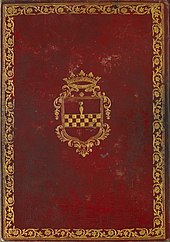 Couverture de livre en cuir rouge, avec une bordure dorée et un blason au centre.