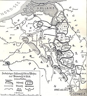 Carte représentant le plan d'invasion allemand de la Belgique en 1914.