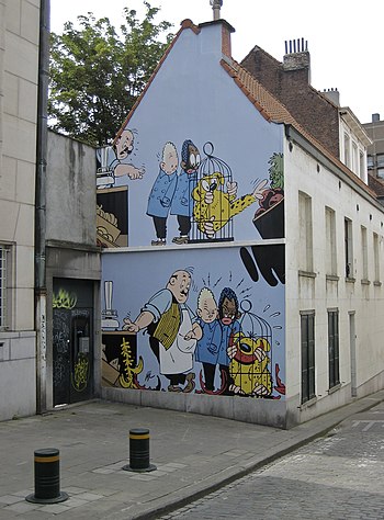 Blondin and Cirage depicted as a wall painting in the Rue Capucine/Capucijnstraat in Brussels, Belgium.