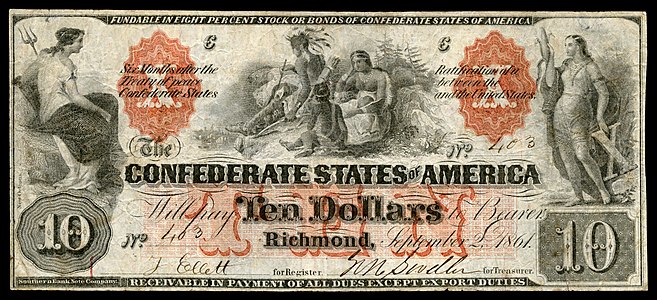 Ten Confederate States dollar (T22), by the Southern Bank Note Company