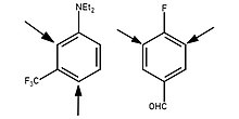 Substituents add ortho to the amine in diethyl-(meta-trifluoromethyl)aniline and ortho to the fluoride in para-fluorobenzaldehyde
