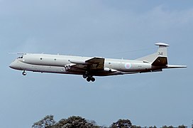 Hawker Siddeley Nimrod with salmon pink and pale blue low visibility roundels.