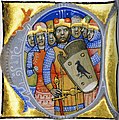 The seven chieftains of the Hungarians, Árpád, Grand Prince of the Hungarians is in the middle with a Turul shield (Chronicon Pictum, 1358)