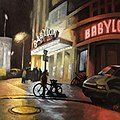 Kino Babylon par Claude-Max Lochu, 100 × 100 cm, 2017, huile sur toile.