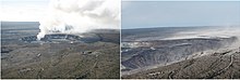 Two views of Halemaʻumaʻu from roughly the same vantage point. At left is the view from 2008, with a distinct gas plume from the Overlook vent, the location of what would become a long-lived lava lake. At right is a view of Halemaʻumaʻu after the eruptive events of 2018, showing the collapsed crater.