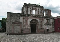 Jesuit church façade, stabilized in the 21st century. Note the damage to the structure after the 1976 earthquake.