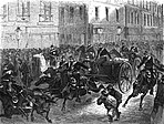 Les troupes envoyées par Adolphe Thiers s'emparant des canons de Montmartre, achetés par les Parisiens. Ceux-ci seront ensuite repris par les Gardes nationaux lors du soulèvement du 18 mars 1871, point de départ de la Commune de Paris.