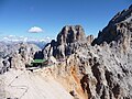 Forcella Staunies and Rifugio Lorenzi seen from Cristallino d'Ampezzo, in the background the Piz Popena