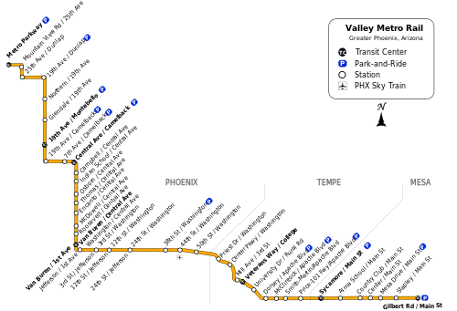 A map of the Valley Metro Light Rail system showing all 35 stations