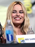 Margot Robbie speaking at the 2016 San Diego Comic Con International.