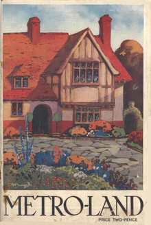 A painting of a half-timbered house set behind a drive and flower garden. Below the painting the title "METRO-LAND" is in capitals and in the smaller text is the price of two-pence.