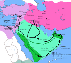 Green and light green areas redirects the Muslim conquests under the lead of Muhammad from Islamic Medina