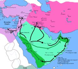 Green and light green areas redirects the Muslim conquests under the lead of Muhammad from Islamic Medina.