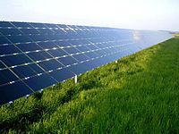 Solar panels, angled at about 30 degrees, reflect the blue sky from above a grassy field.