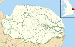 Map of Norfolk showing the location of Ellingham Hall
