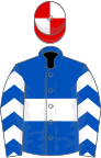 Royal blue, white hoop and chevrons on sleeves, red and white quartered cap