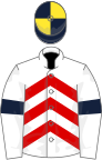 White and red chevrons,white sleeves, dark blue armlets, dark blue and yellow quartered cap