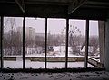 View from building with Pripyat amusement park Ferris wheel visible