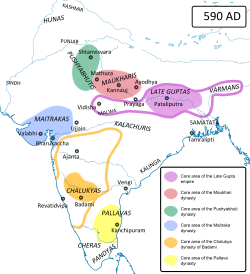 Kingdom of Valabhi under Maitrakas (in blue) and their contemporaries in India in 590 AD