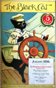A black cat in a nautical jacket stands on two legs at the wheel of a boat