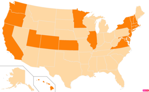 States in the United States by the percentage of the over 25-year-old population with bachelor's degrees according to the U.S. Census Bureau American Community Survey 2013–2017 5-Year Estimates.[256] States with higher percentages of bachelor's degrees than the United States as a whole are in full orange.