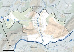 Carte en couleur présentant le réseau hydrographique de la commune