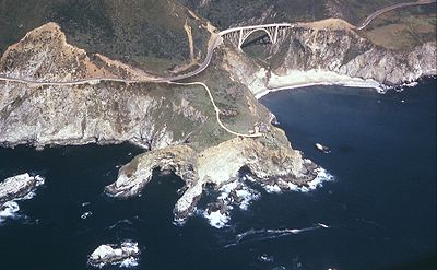 Big Sur and the Bixby Bridge near the outcropping of rocks that resembles a dinosaur, June, 1965