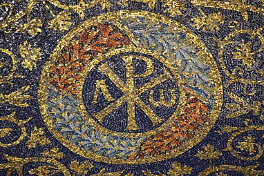Late Roman-early Byzantine Chi Rho and Alpha and Omega monogram in the Mausoleum of Galla Placidia, Ravenna, Italy, unknown architect or mosaic craftsman, 425-450