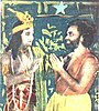 Colorized snapshot from Chintamani. M. K. Thyagaraja Bhagavathar as Bilwamangal with Serugulathur Sama as Lord Krishna