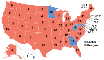 1980年總統大選的結果，紅色是列根勝出的州份，藍色是卡特勝出的州份。