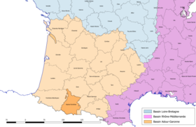 Localisation du département des Hautes-Pyrénées sur la carte des bassins hydrographiques français.