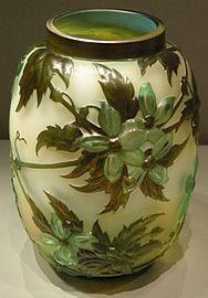 Marquetry glass vase with clematis flowers (1890-1900)