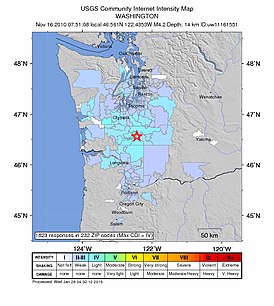 Эпицентр землетрясения в штате Вашингтон 16 ноября 2010 года (Снимок USGS)
