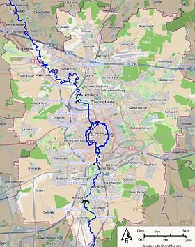 Der Okerverlauf im Braunschweiger Stadtgebiet mit den Stauwehranlagen und dem Düker unter dem Mittellandkanal.