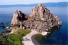 aerial view of rocky island in Lake Baikal