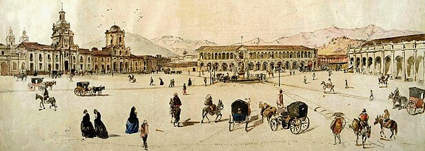 Colonial Plaza de Armas de Santiago in 1859 by Joseph Selleny aboard the Novara expedition, to the left, the (beginning to be modified) Palace of the Real Audiencia of Chile, and to the right, the colonial Portal de Sierra Bella.
